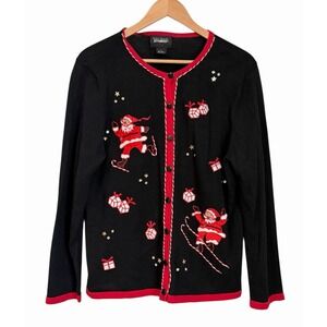 VTG Designers Originals Christmas Cardigan Sweater L  Sequin Embroidery Santa